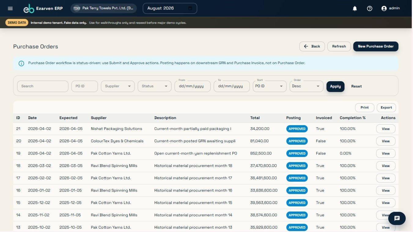 Ezarven ERP controlled purchase-order workflow using synthetic demonstration data