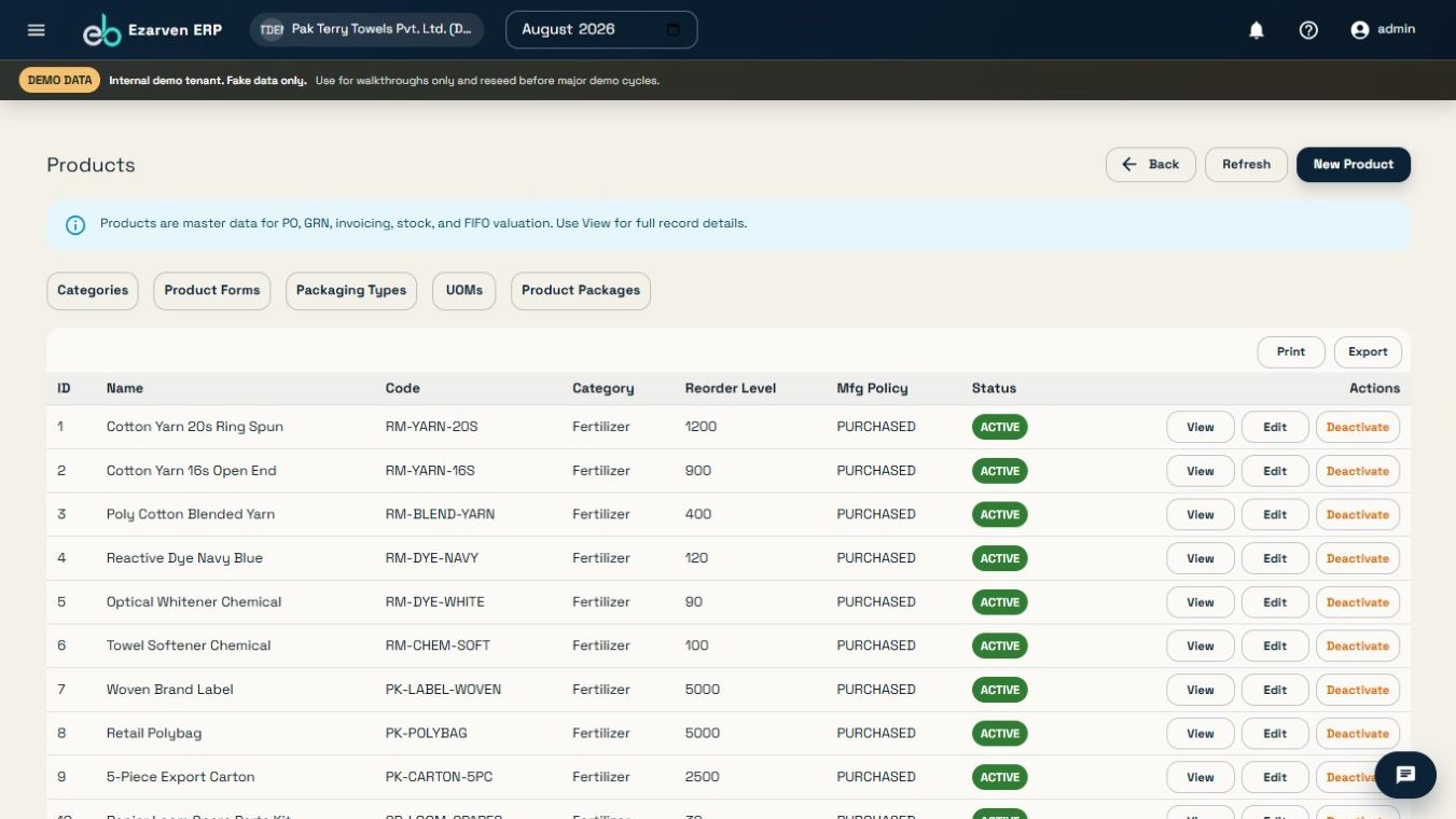 Ezarven ERP product and inventory master-data interface using synthetic demonstration data
