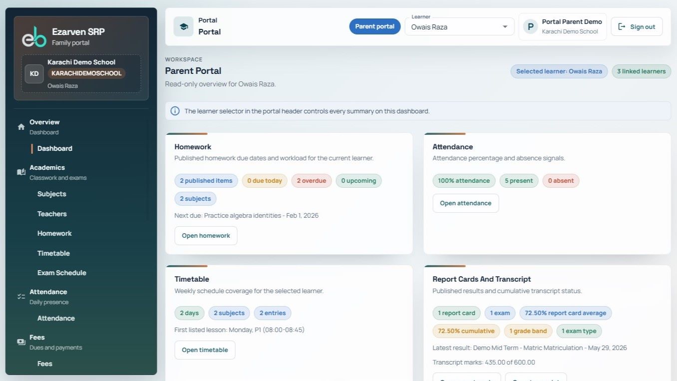 Ezarven SRP linked parent portal using synthetic data